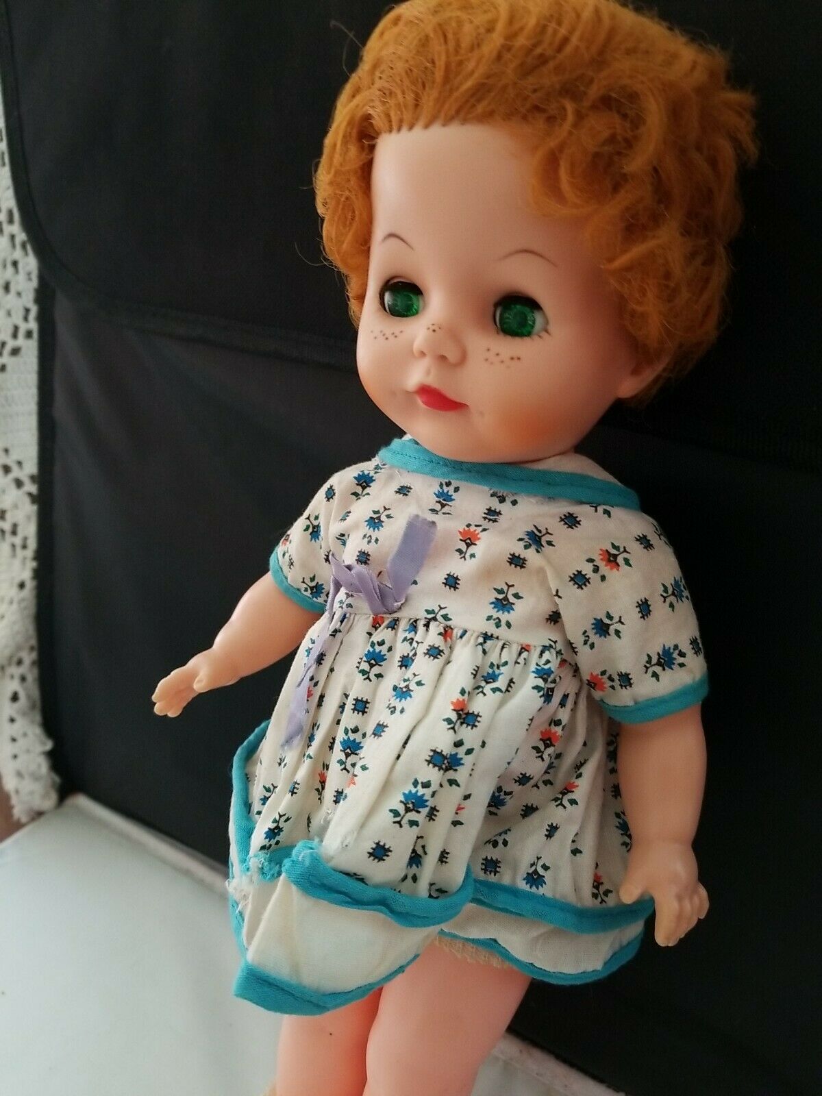1950s Uneeda Freckles Doll Green Eyes Red Hair 13" Tall Original Clothes & Shoes