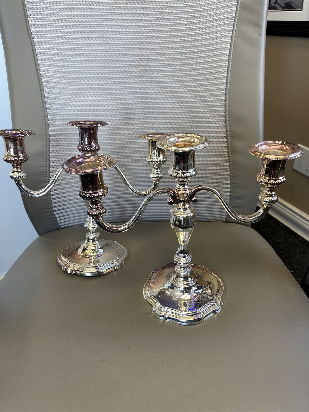 Fine Pair Vintage Wallace Silverplate Baroque Candelabra Two 3 Arm Candlesticks