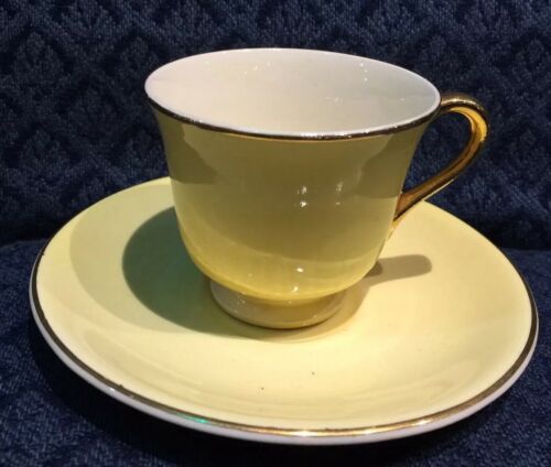 Vintage Steubenville Yellow Demitasse Cup And Saucer Gold Trim