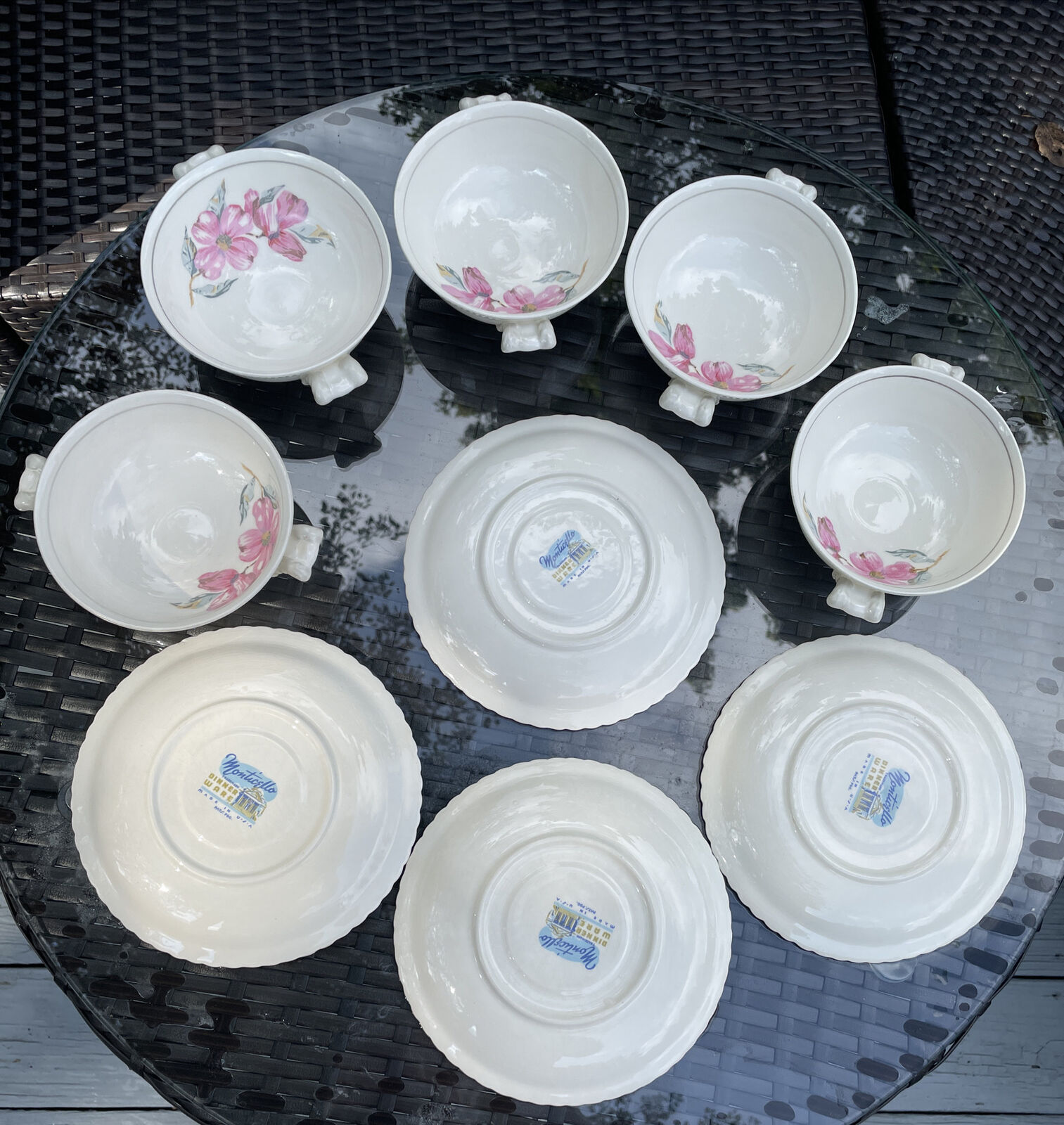 Steubenville Monticello Cream Soup Bowls + Under Plate Dogwood Gray Vintage Lot