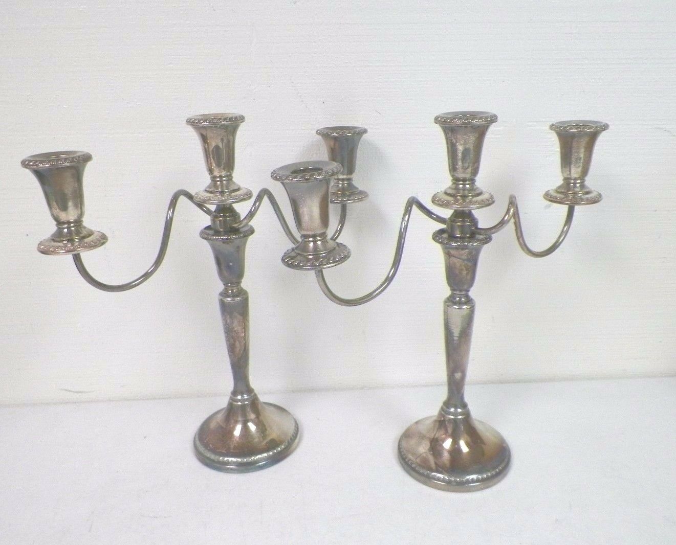 Pair Of Sheffield Silverplate Candlesticks With 3 Candle Insert Used 13 1/2"