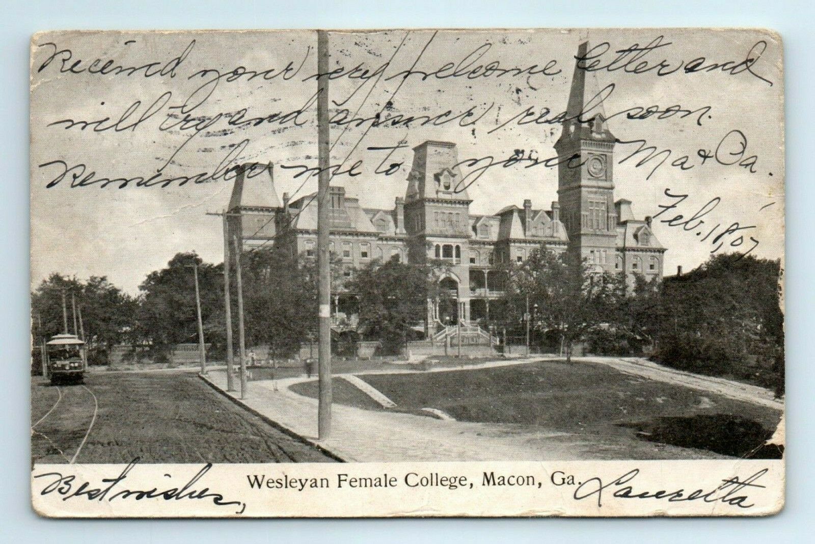 Georgia Ga Macon Wesleyan Female College Street Trolley 1907 Postcard