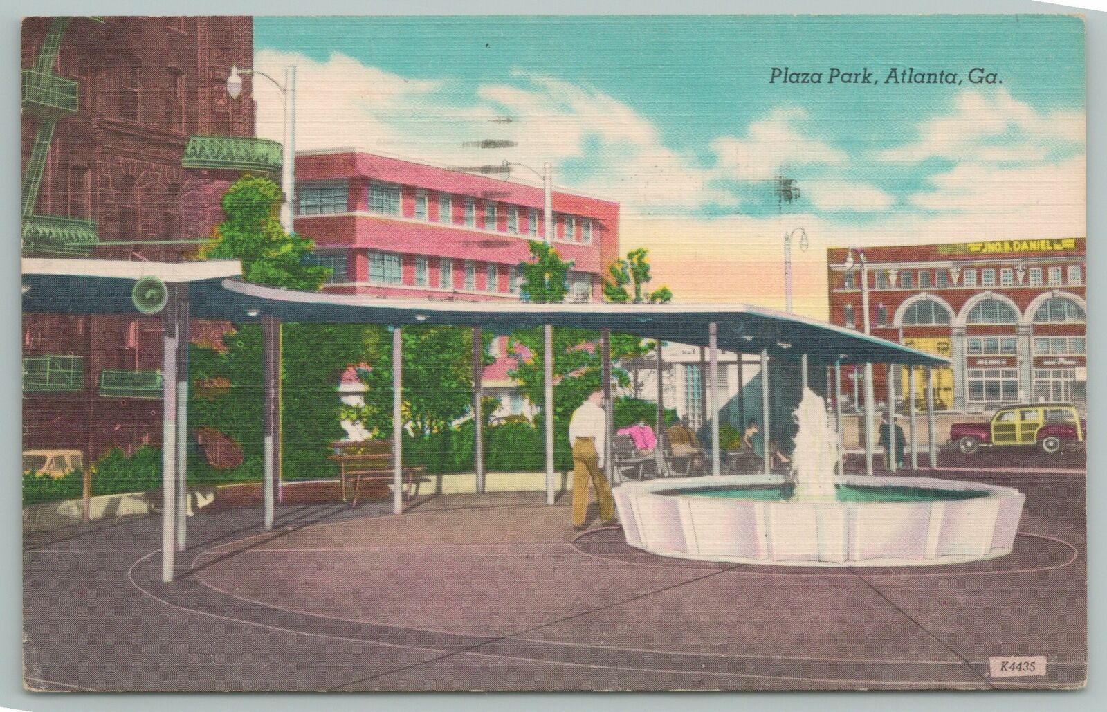 Atlanta Georgia~plaza Park~fountain~benches~classic Car~vintage Postcard