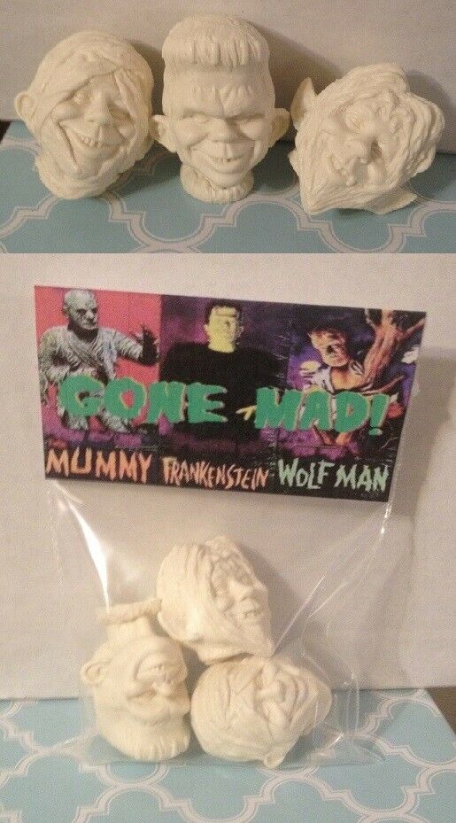 Universal Monsters Gone Mad Aurora Replacement Heads Franky, Mummy & Wolfman