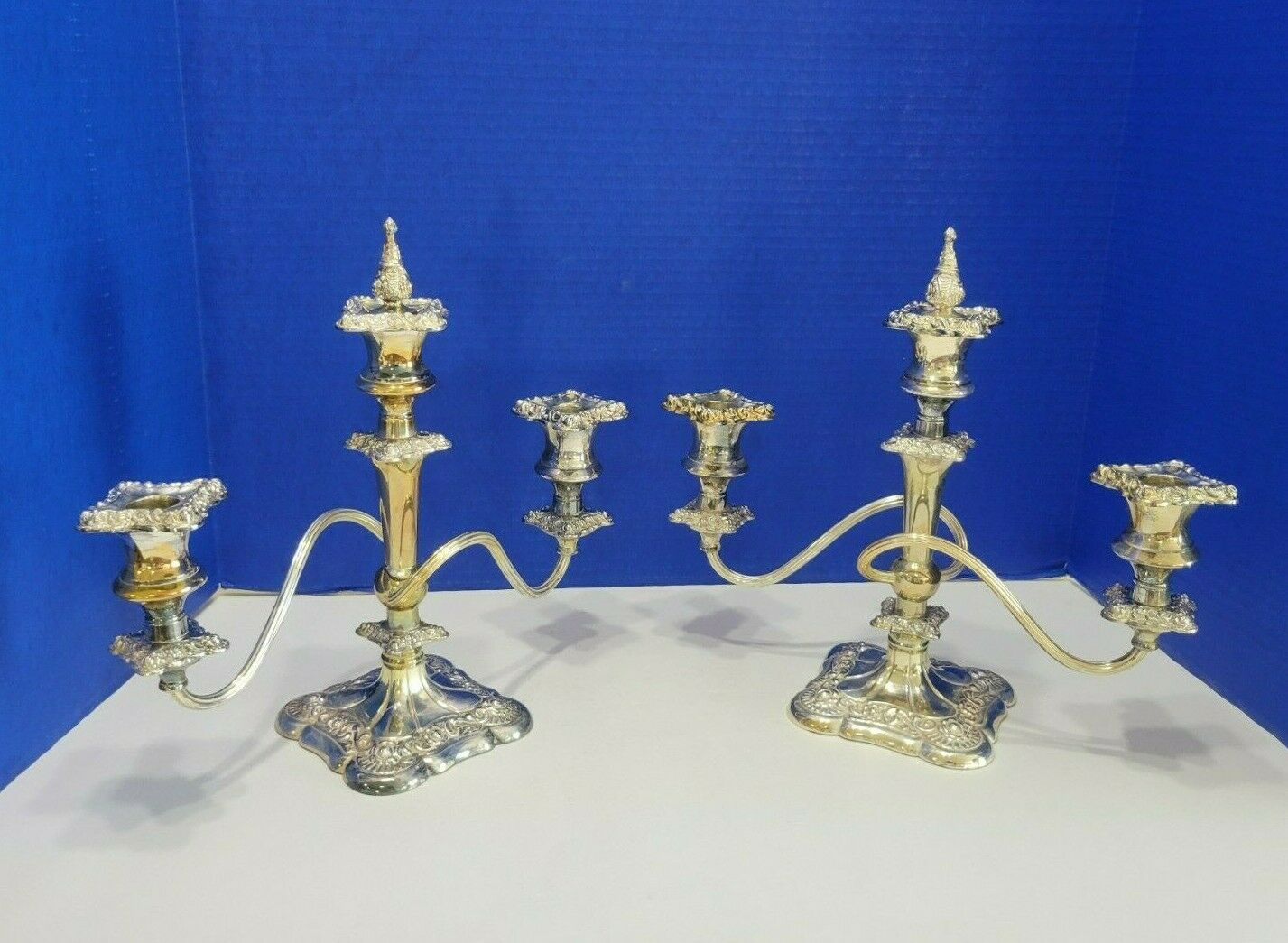 Pair Antique Silverplate Twisted 3 Arm Ornate Candelabras