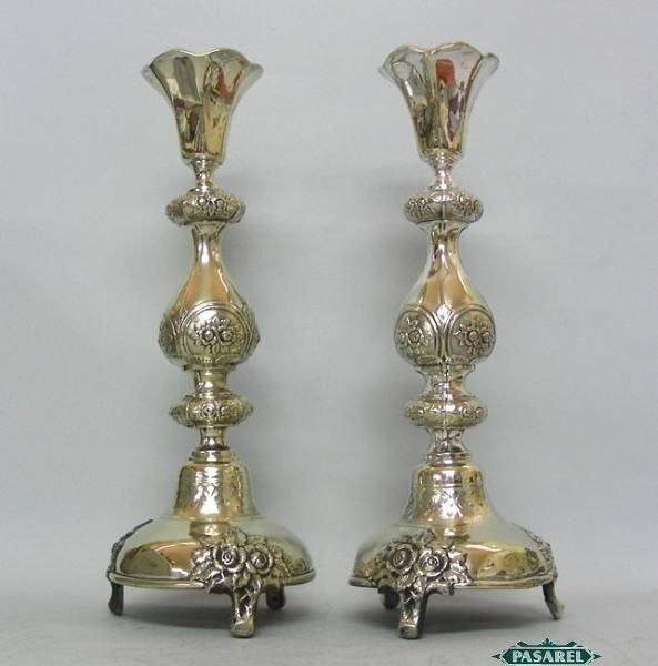 Norblin & Co Silver Plated Brass Shabbat Candlesticks Poland Ca 1880