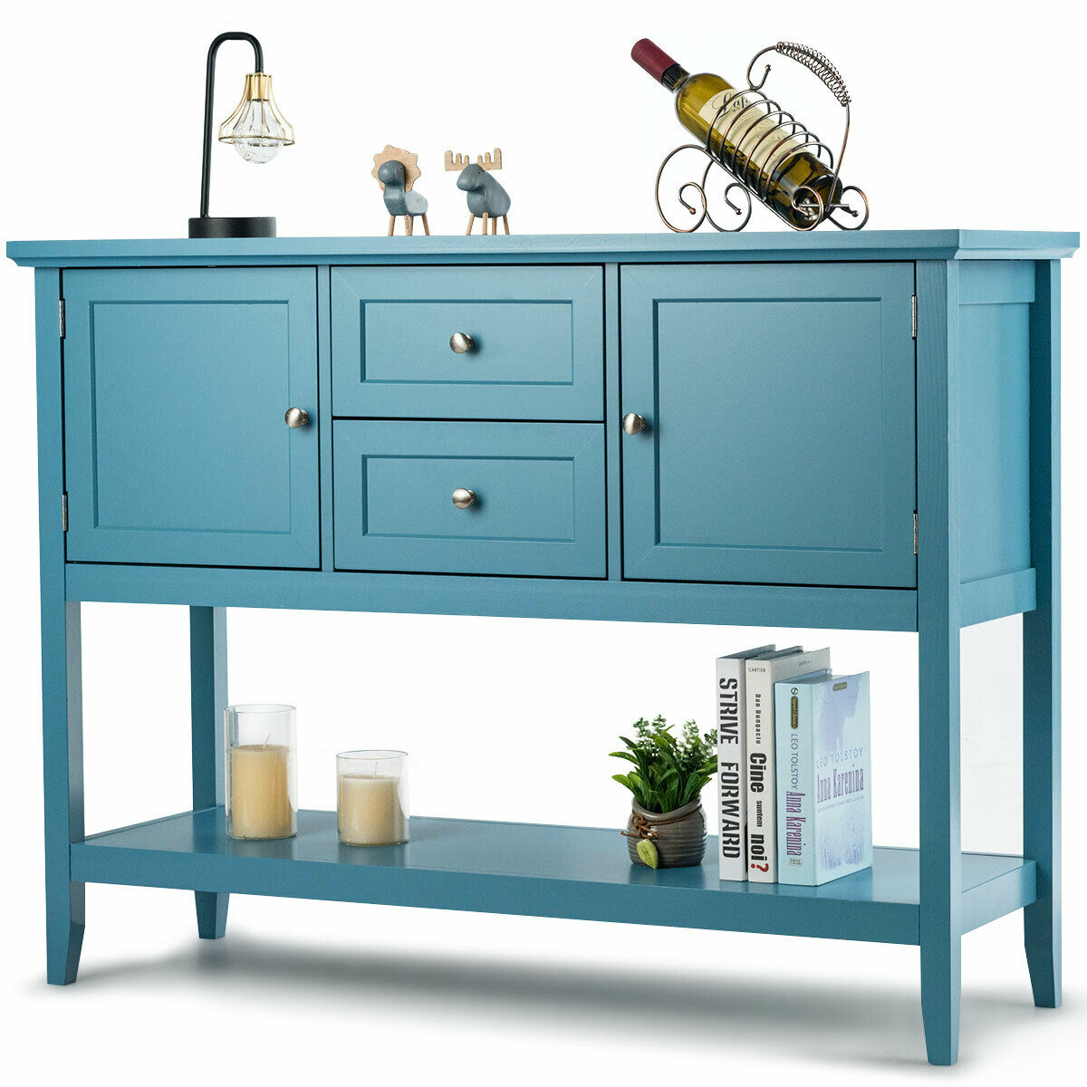 Costway Sideboard Buffet Table Wooden Console Table W/ Drawers & Cabinets Blue