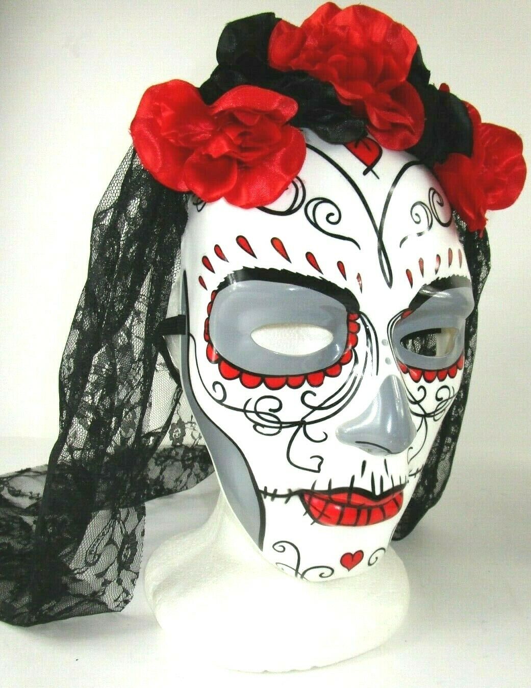 Lovely Bride Of Frankenstein Mask With Red Roses And Black Lace Veil Heavy Duty