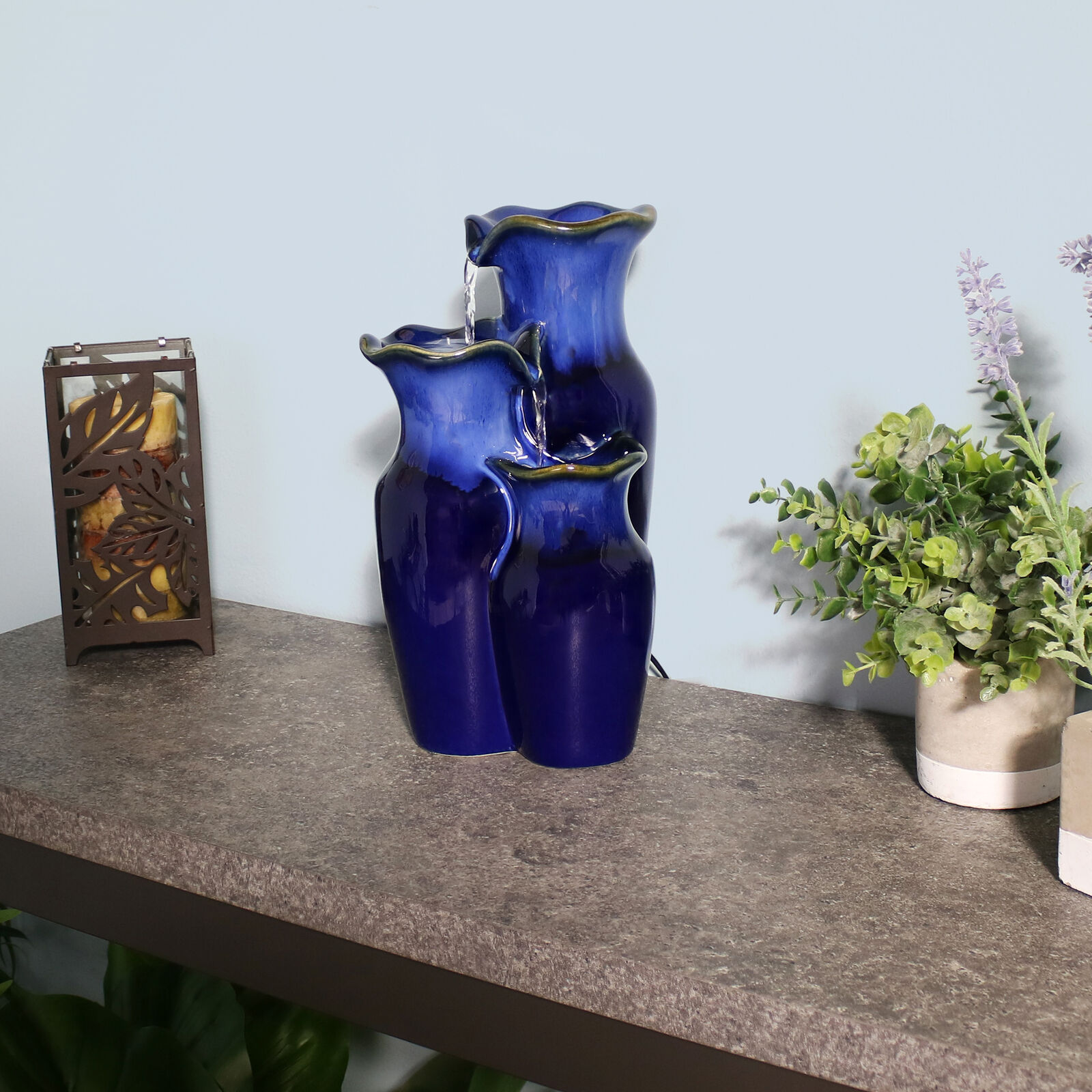 Sunnydaze Tiered Blue Ceramic Glazed Pitchers Indoor Tabletop Fountain - 11"