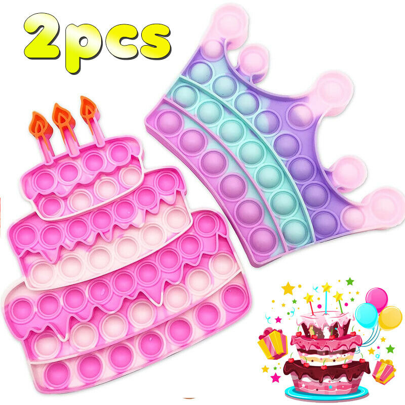 2 Pack Girl Push Popit Bubble Stress Fidget Sensory Toys (crown + Birthday Cake)