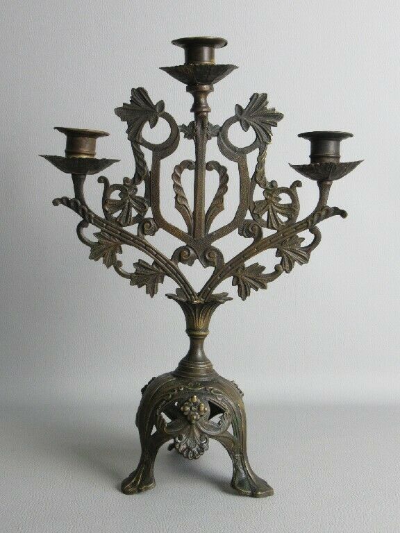 Antique Candlestick For Altar Bronze A 3 Flames Period End Xix Century