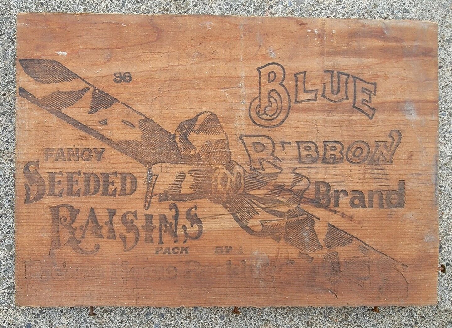 Rare Vtg Advertising Crate Side Blue Ribbon Fancy Seedless Raisins Wooden Sign