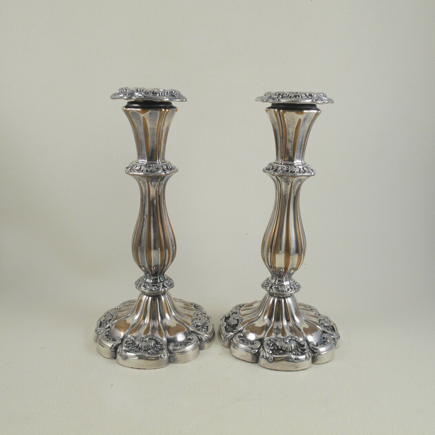 C1825 Old Sheffield Plate Silver Copper Pair Candlesticks Fluted Applied Shells