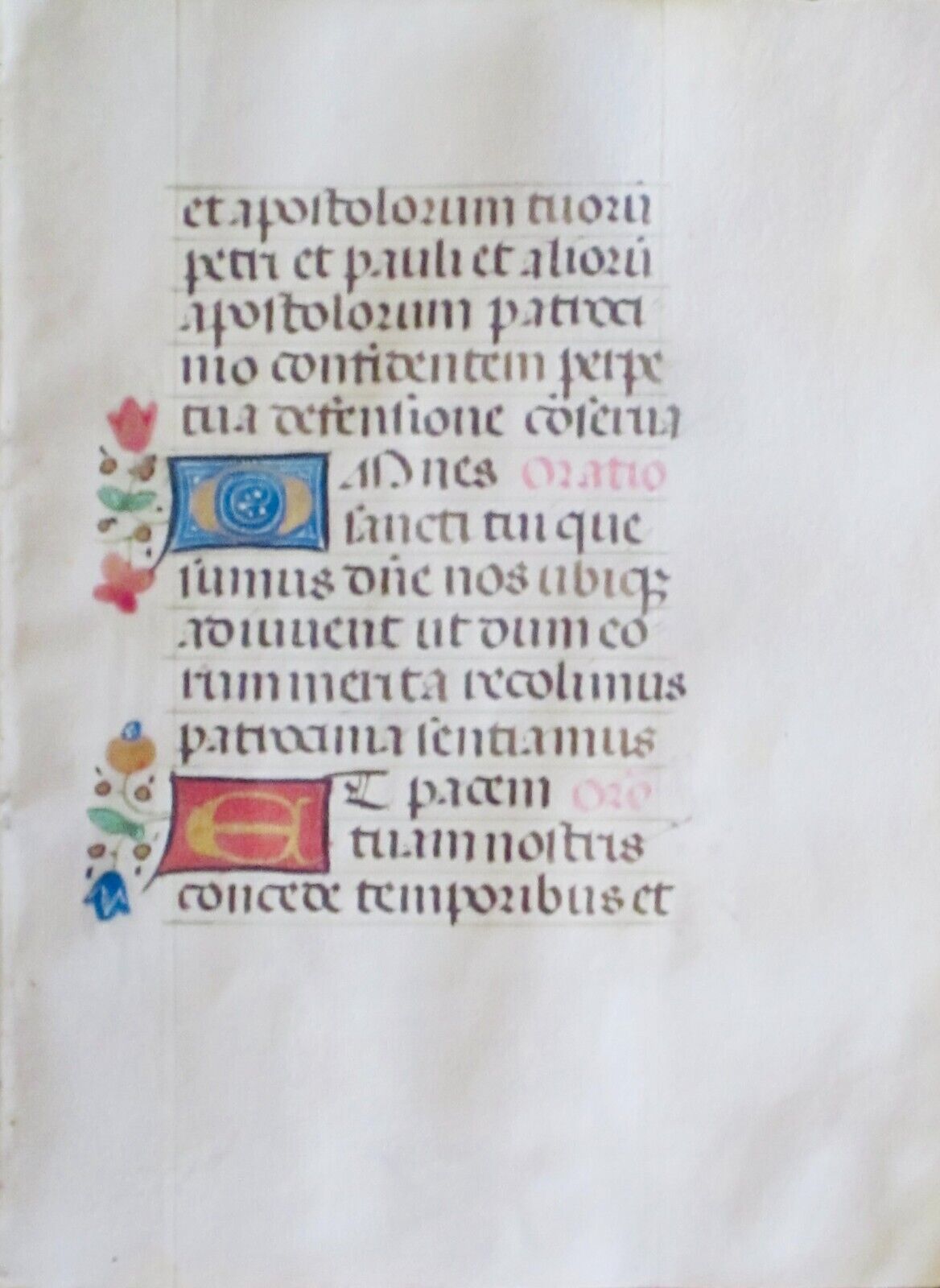 Deco.medieval Boh Manuscript Leaf,1 Lg.blue$1 Lg.red Initial,flanders,ca.1475
